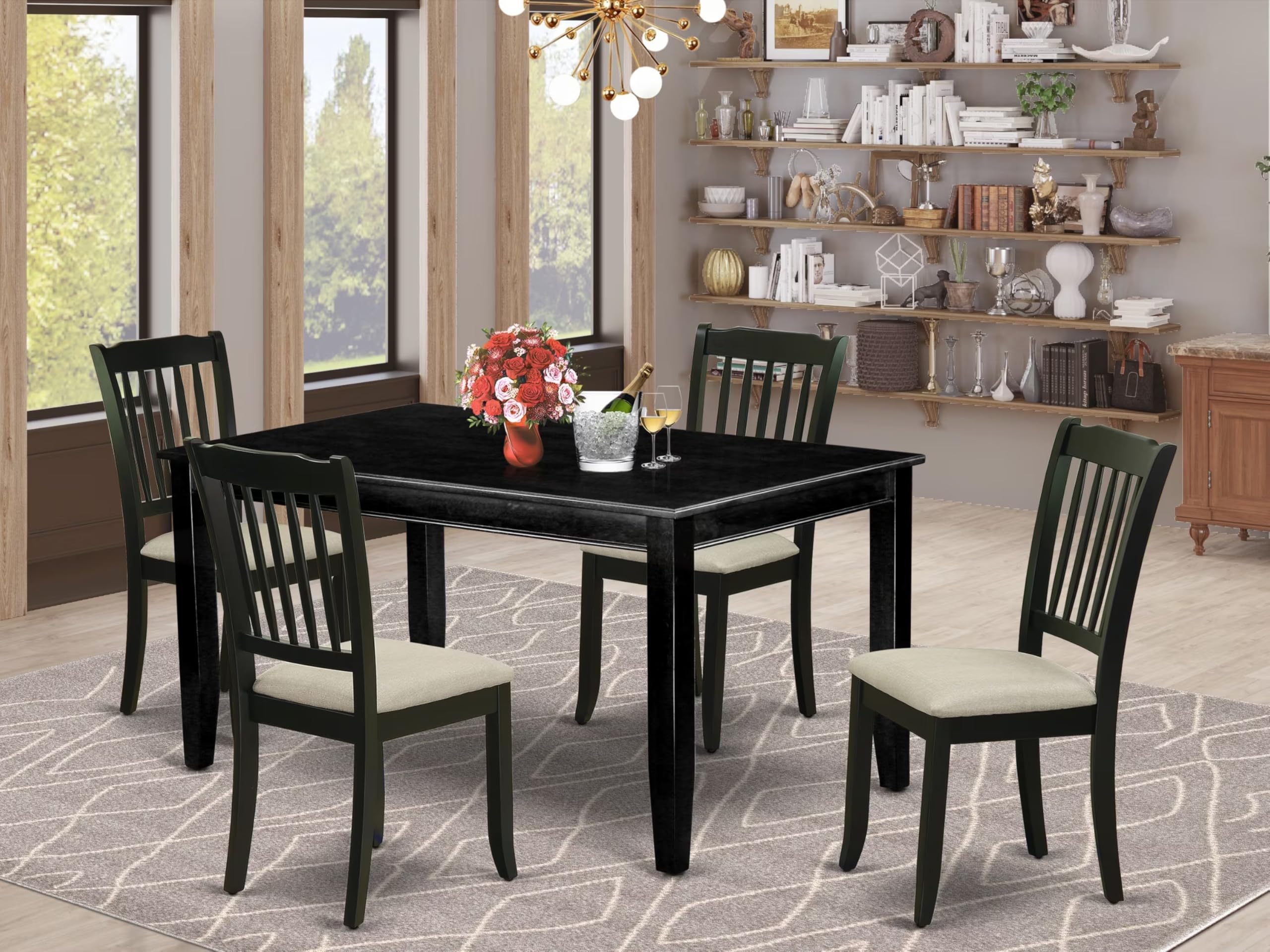 East West Furniture Duda5-Blk-C 5 Piece Dining Room Furniture Set Includes A Rectangle Kitchen Table And 4 Linen Fabric Upholstered Dining Chairs, 36X60 Inch, Black
